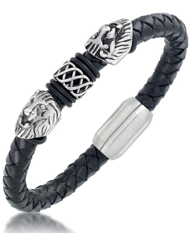 Andrew Charles by Andy Hilfiger Mens Black Leather Lion Head Bracelet Stainless Steel Product Image