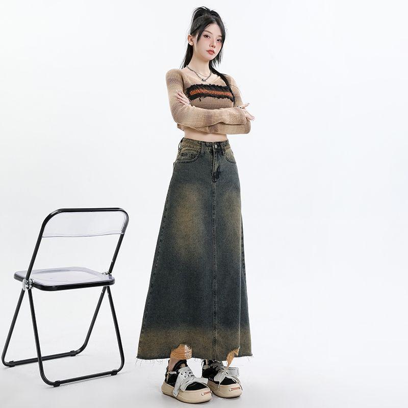 High Rise Distressed Washed Denim Midi A-Line Skirt Product Image