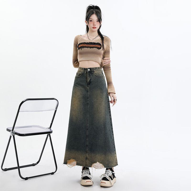 High Rise Distressed Washed Denim Midi A-Line Skirt Product Image