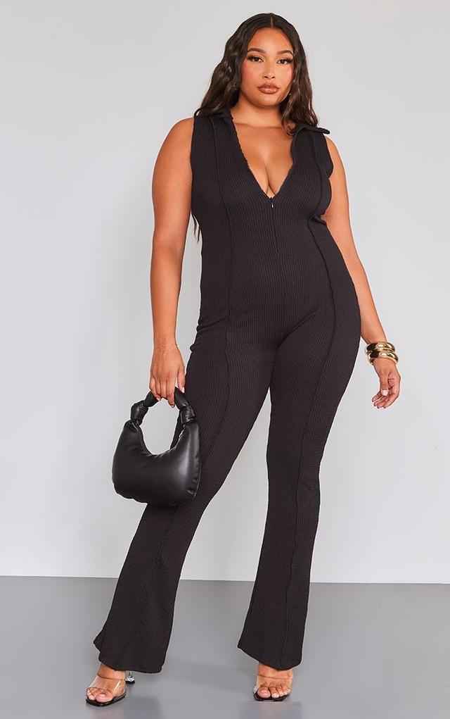 Plus Black Thick Rib Zip Front Collar Detail Jumpsuit Product Image