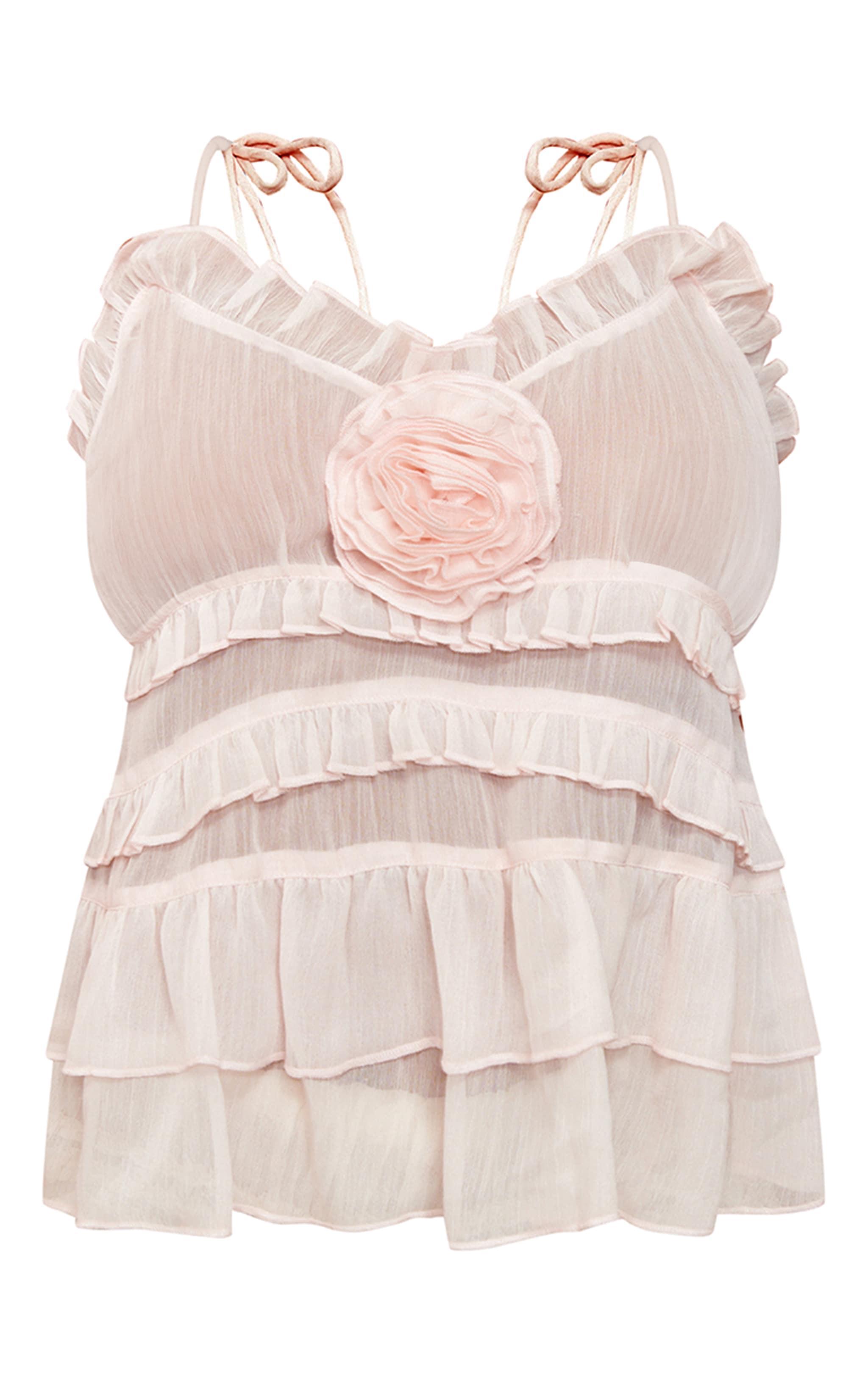 Dusty Pink Tiered Ruffle Applique Flower Long Top Product Image