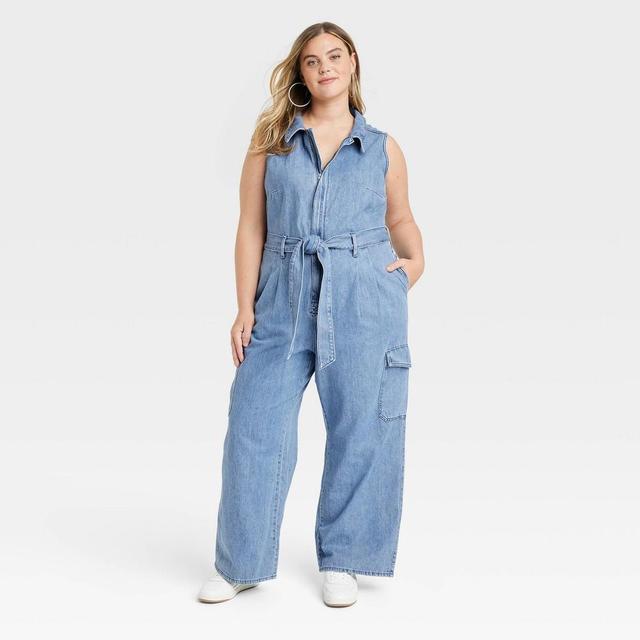 Womens Denim Cargo Jumpsuit - Universal Thread Medium Wash Product Image