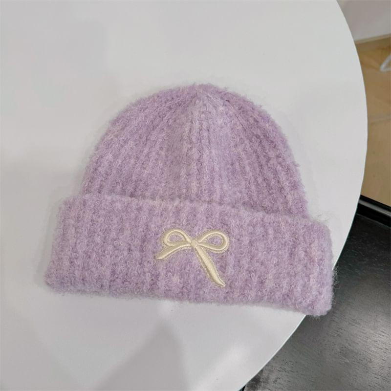 Bow Embroidered Ribbed Knit Beanie Product Image