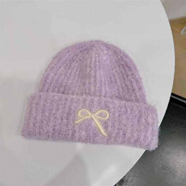 Bow Embroidered Ribbed Knit Beanie Product Image