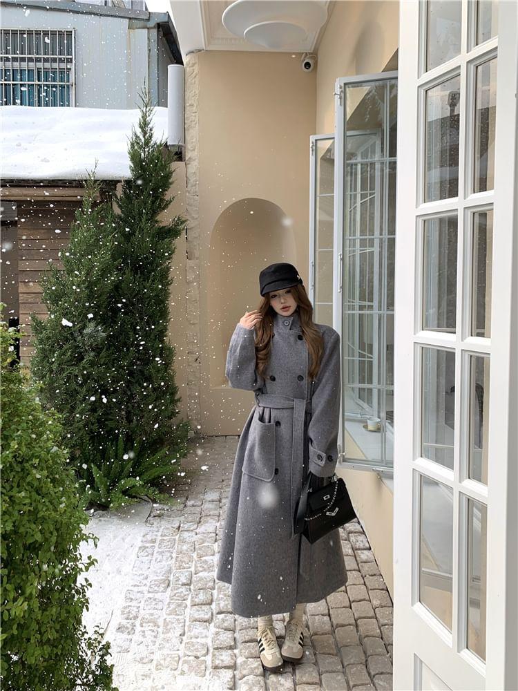 Double-Breasted Stand-Collar Wool Long Coat with Sash Product Image