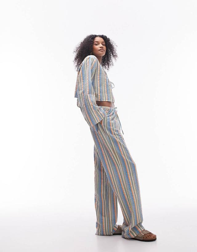 Topshop seersucker striped wide leg beach pants in multi - part of a set Product Image