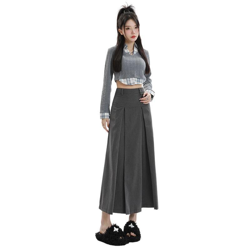 High Rise Plain Midi Pleated A-Line Suit Skirt Product Image