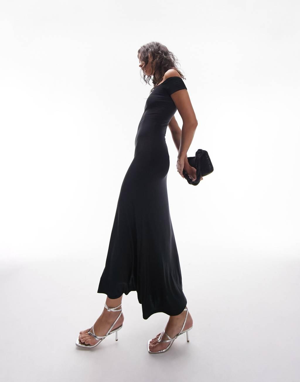 Topshop super soft shaping bardot maxi dress in black Product Image