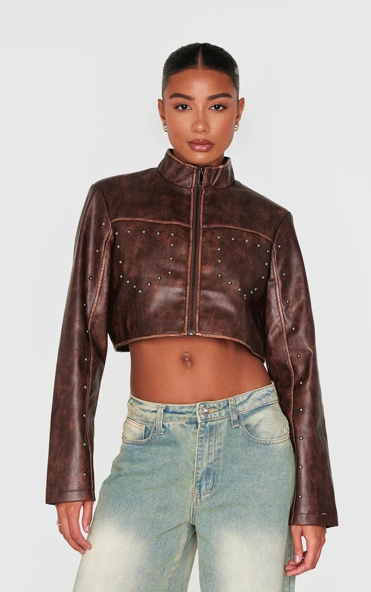 Brown Faux Leather Studded Cropped Jacket Product Image