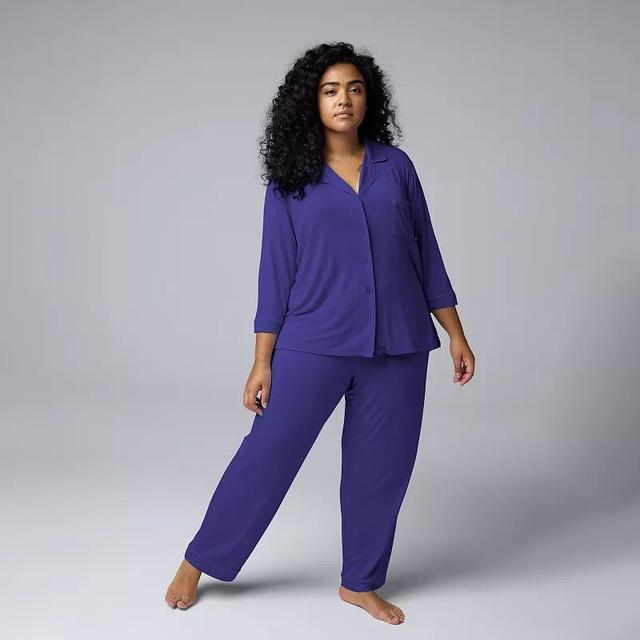 Plus Size Womens Simply Vera Vera Wang Basic Luxury Notch Pajama Set Blue Product Image