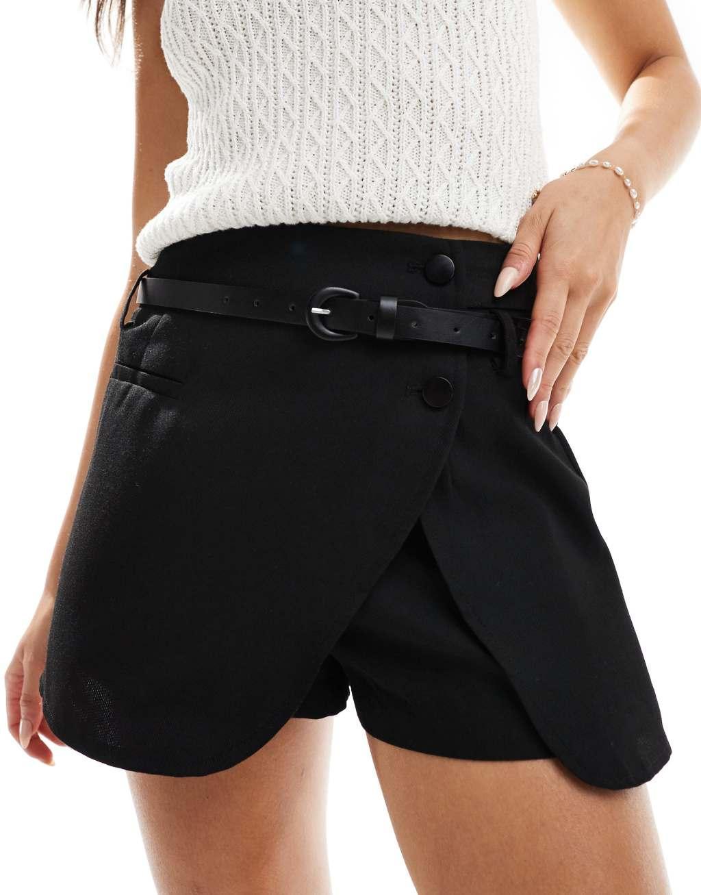 ASOS DESIGN tailored wrap belted skort in black Product Image