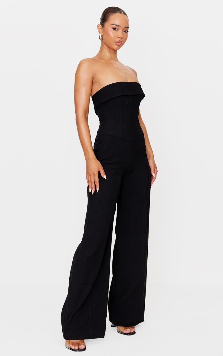 Premium Black Woven Bandeau Corset Straight Leg Jumpsuit Product Image