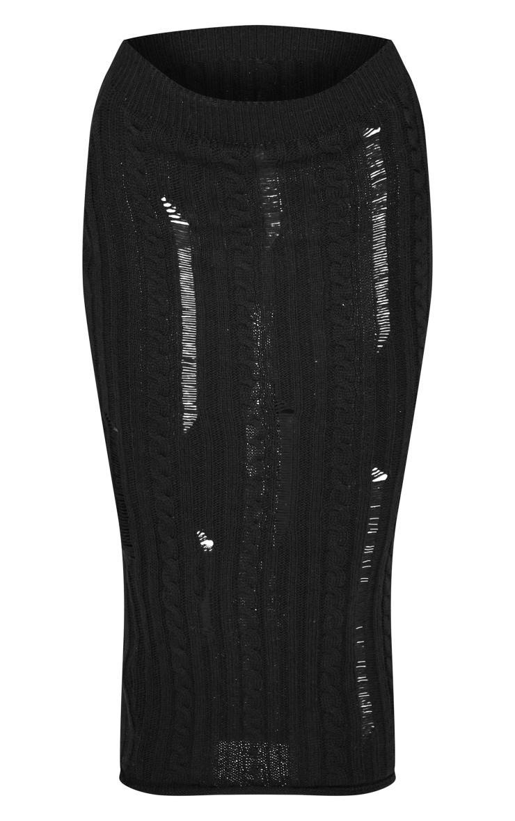 Petite Black Distressed Cable Knit Midaxi Skirt Product Image