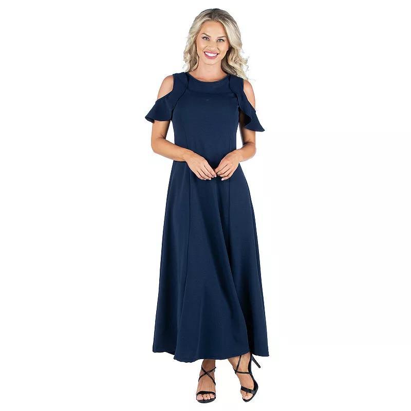 Womens 24seven Comfort Apparel Ruffled Cold Shoulder A-Line Maxi Dress Blue Product Image