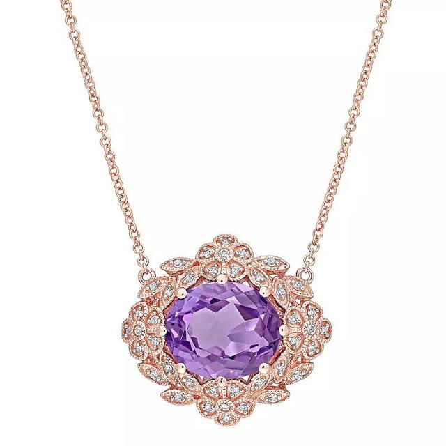 Stella Grace 14k Rose Gold Amethyst & 1/5 Carat T.W. Diamond Floral Vintage Frame Pendant Necklace, Womens Product Image