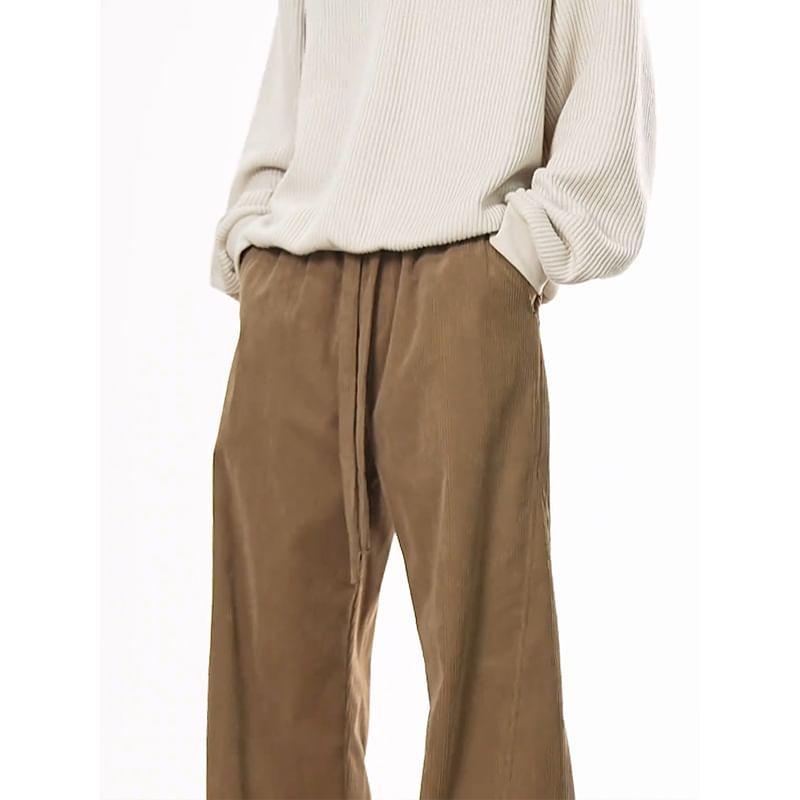 Drawstring Waist Plain Corduroy Wide Leg Pants Product Image