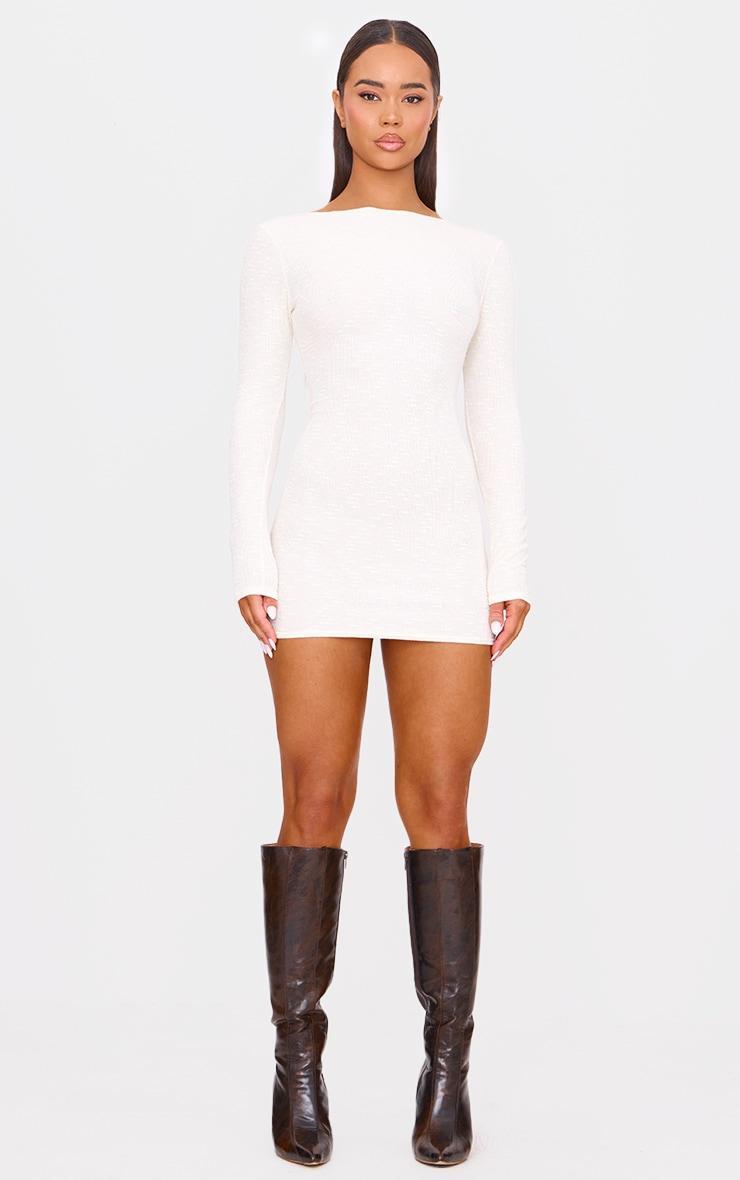 Cream Textured Scoop Back Long Sleeve Bodycon Dress Product Image