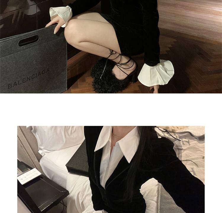 Mock Two-Piece Long-Sleeve Collared Two Tone Mini Bodycon Dress Product Image