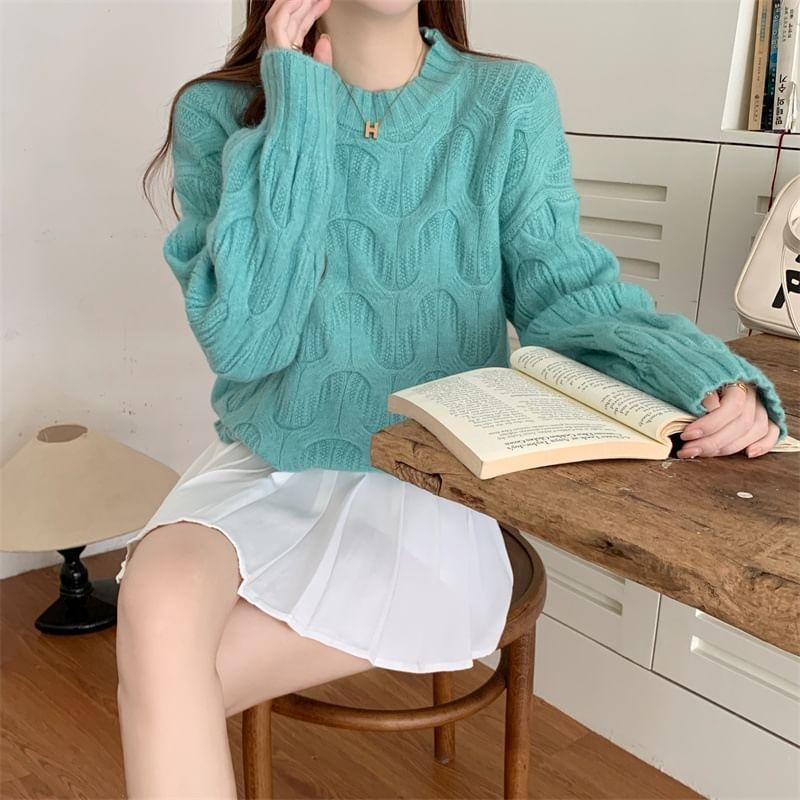 Long-Sleeve Crewneck Cable Knit Sweater Product Image