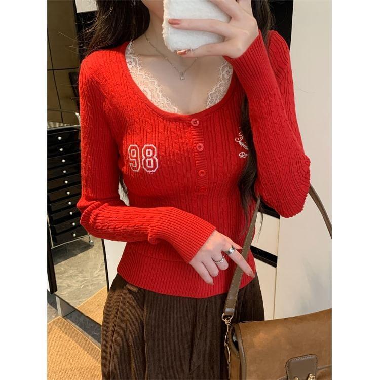 Long-Sleeve Henley Numbering Lace Panel Knit Top Product Image