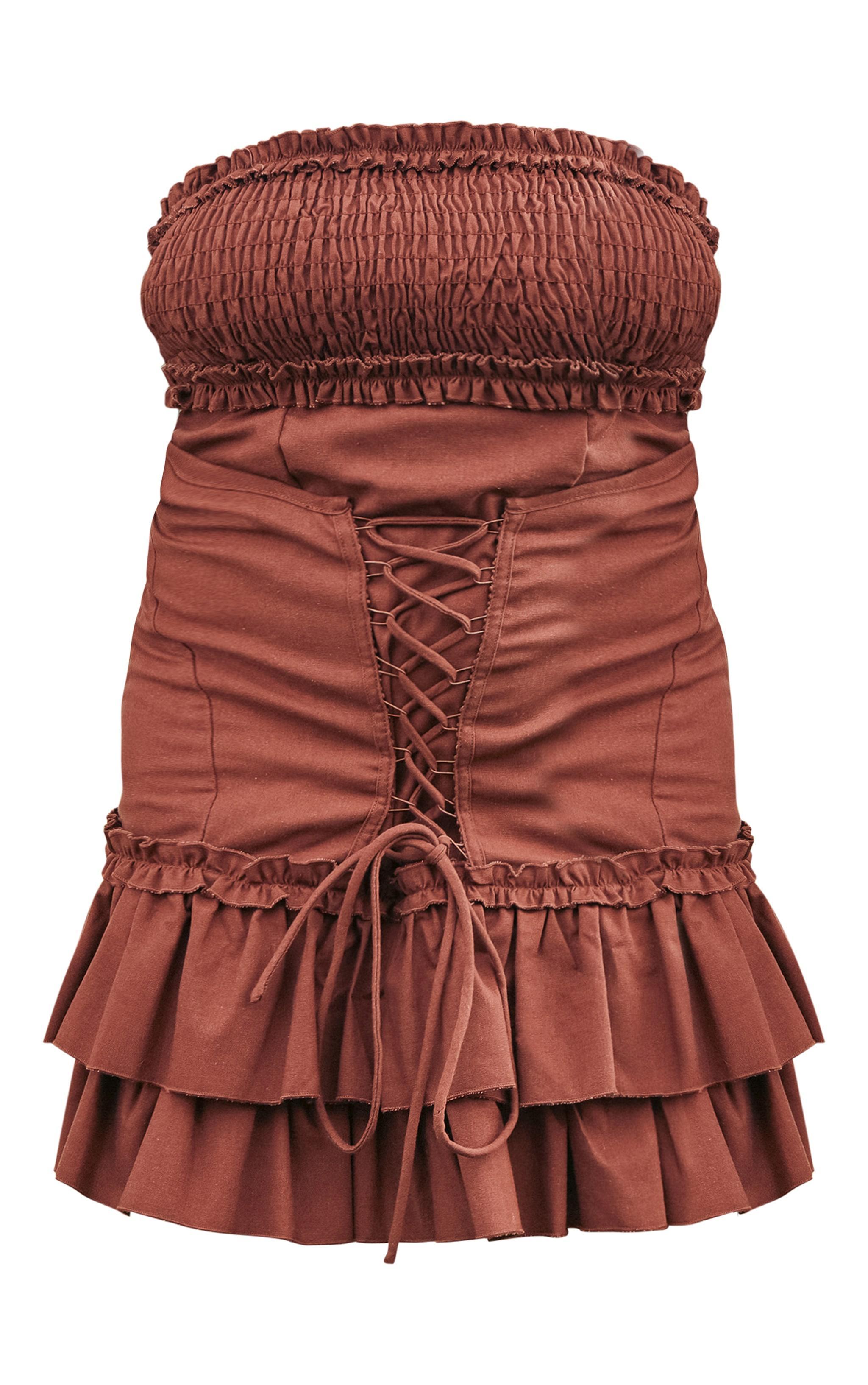 Plus Dark Brown Linen Look Corset Ruffle Detail Micro Mini Bodycon Dress Product Image