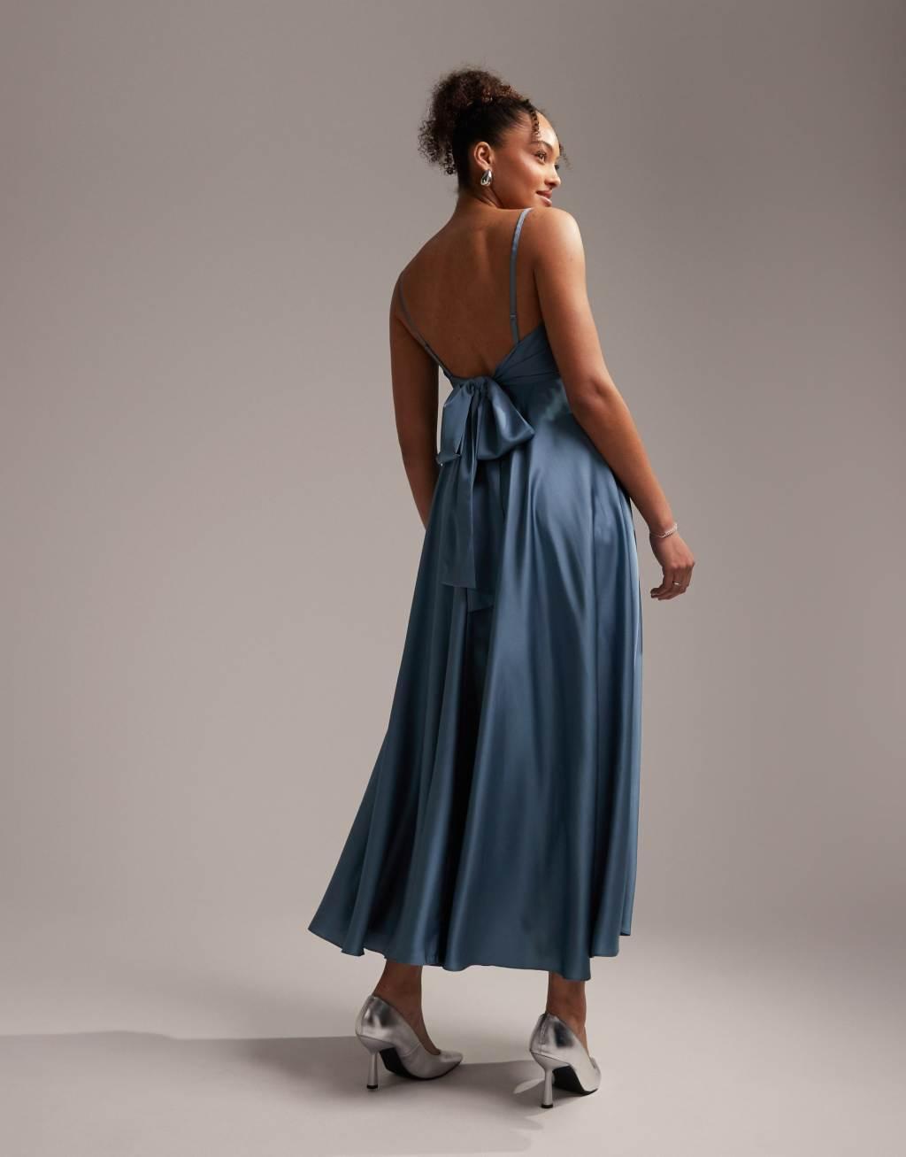 ASOS DESIGN satin midi dress with tie back in dusky blue   Product Image