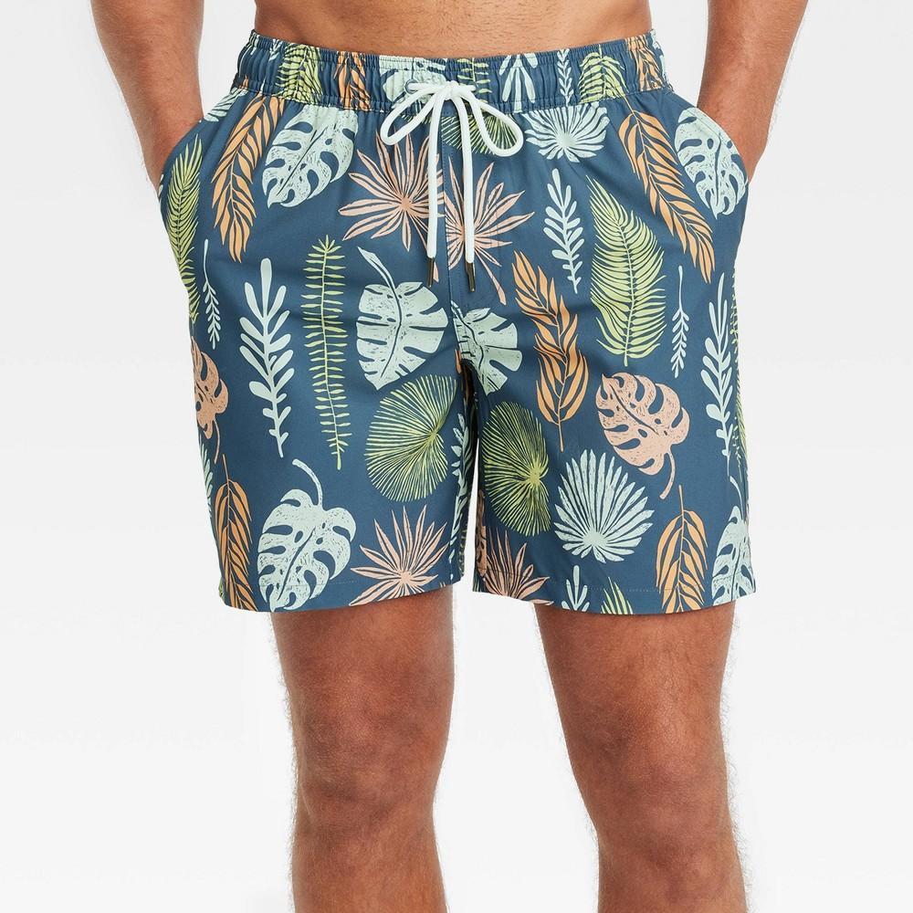 Mens 7 Leaf Print Elevated Elastic Waist Swim Shorts with Boxer Brief Liner - Goodfellow & Co Blue XXL Product Image