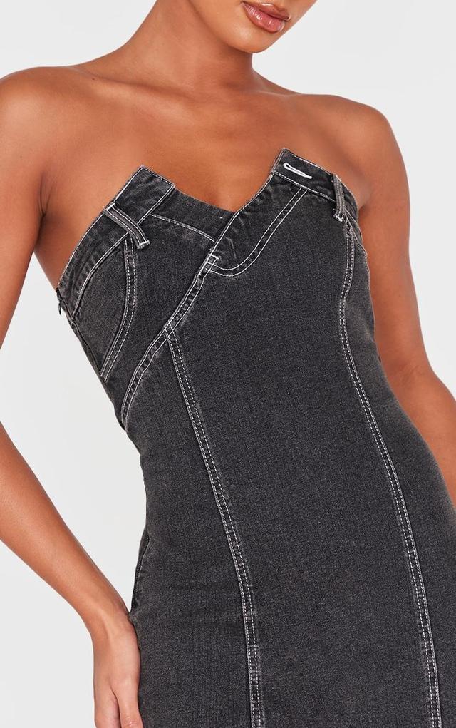 Washed Black Waistband Detail Crossover Panel Denim Mini Dress Product Image