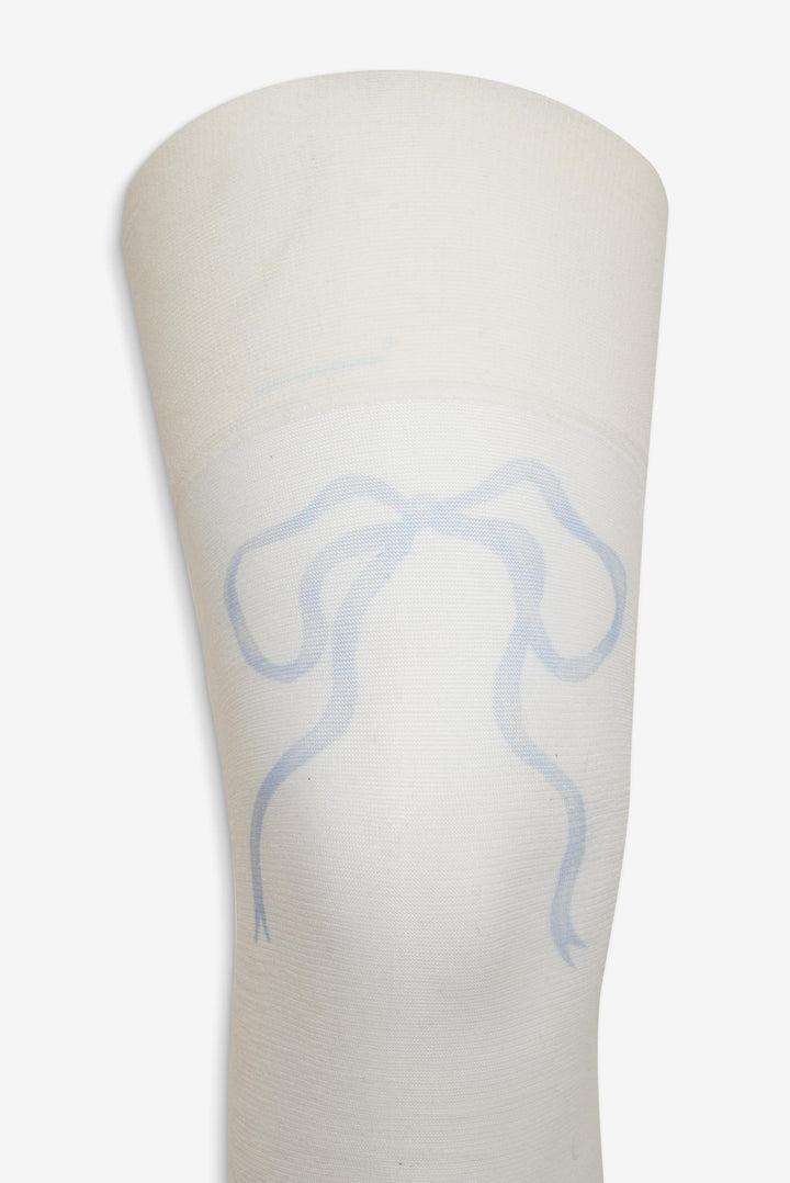 Bow Printed Thigh-High Socks — White Product Image