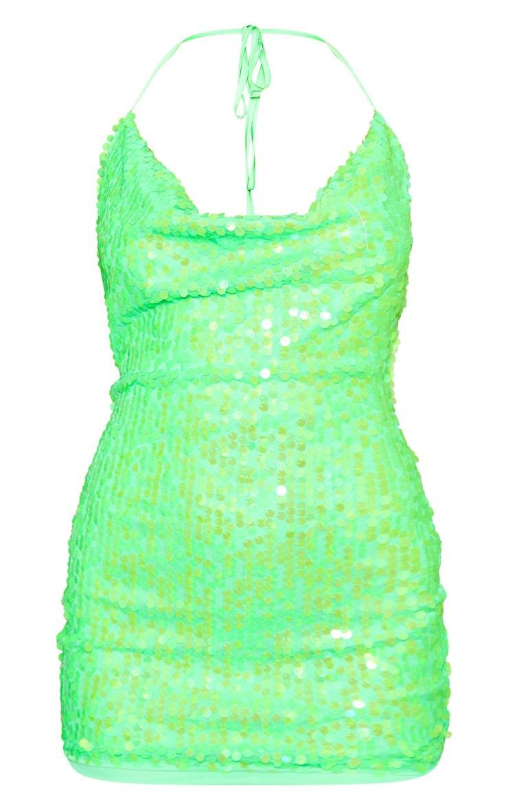 Green Disk Sequin Cowl Halterneck Bodycon Dress Product Image