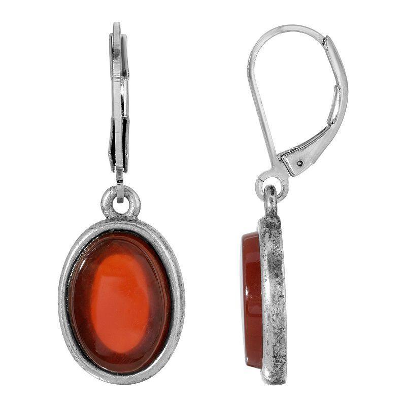 1928 Silver Tone Stone Oval Drop Earrings, Womens, Red Product Image