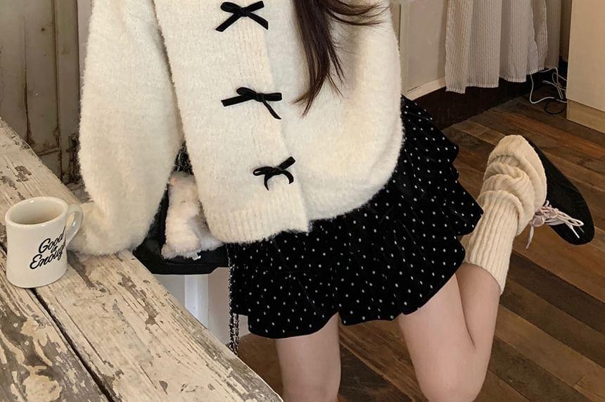 Round Neck Plain Bow Cardigan / Mid Rise Dotted Tiered Mini A-Line Skirt Product Image