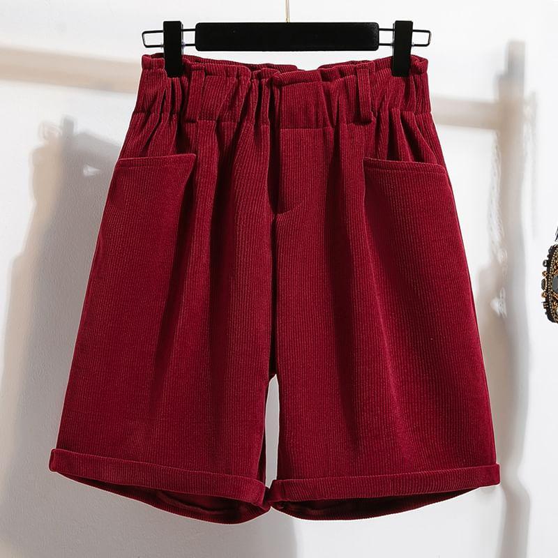 Elastic Waist Plain Corduroy Shorts Product Image