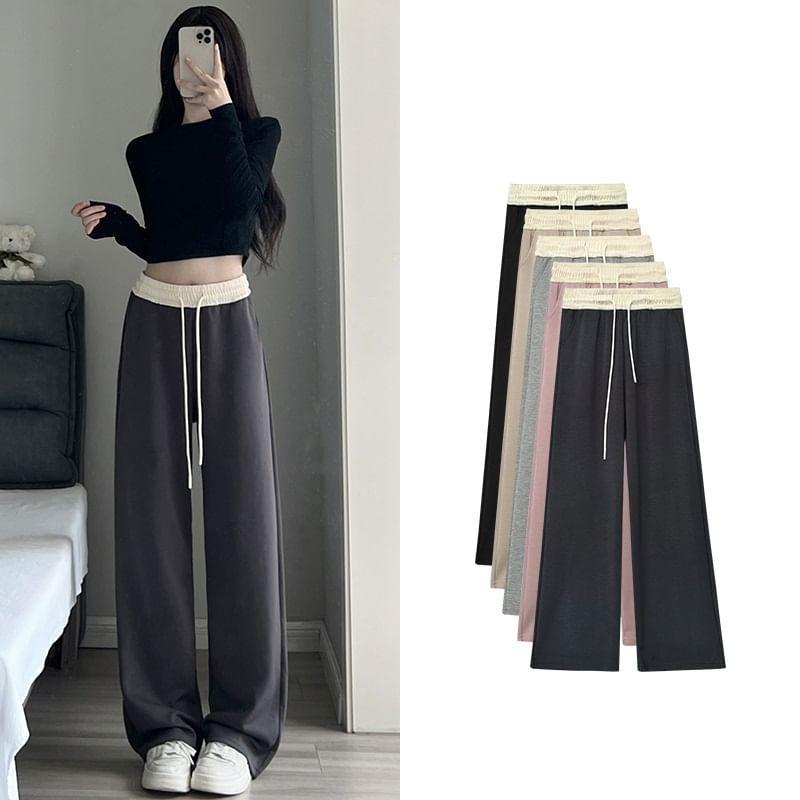 Paneled High Waist Drawstring Pocket Wide Leg Sweatpants Product Image