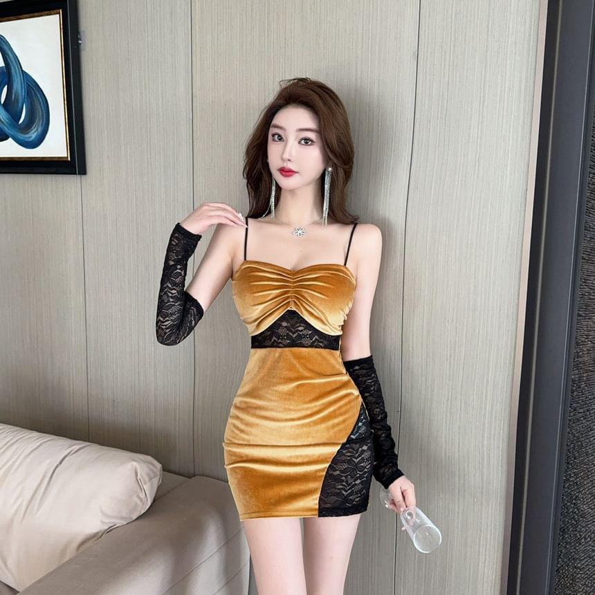 Spaghetti Strap Lace Panel Ruched Velvet Mini Bodycon Dress Product Image