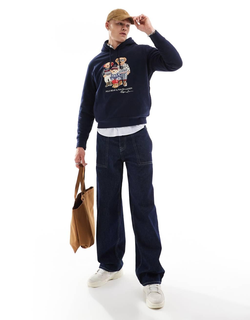 Polo Ralph Lauren holiday bear family polar fleece hoodie classic oversized fit in navy Product Image