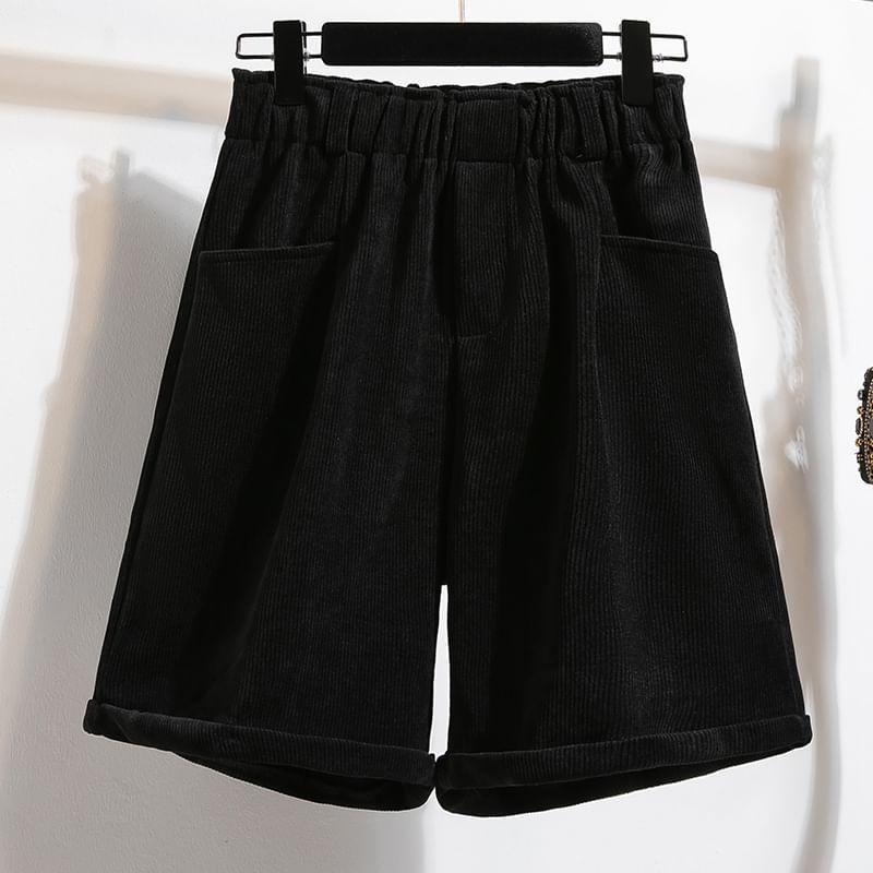 Elastic Waist Plain Corduroy Shorts Product Image