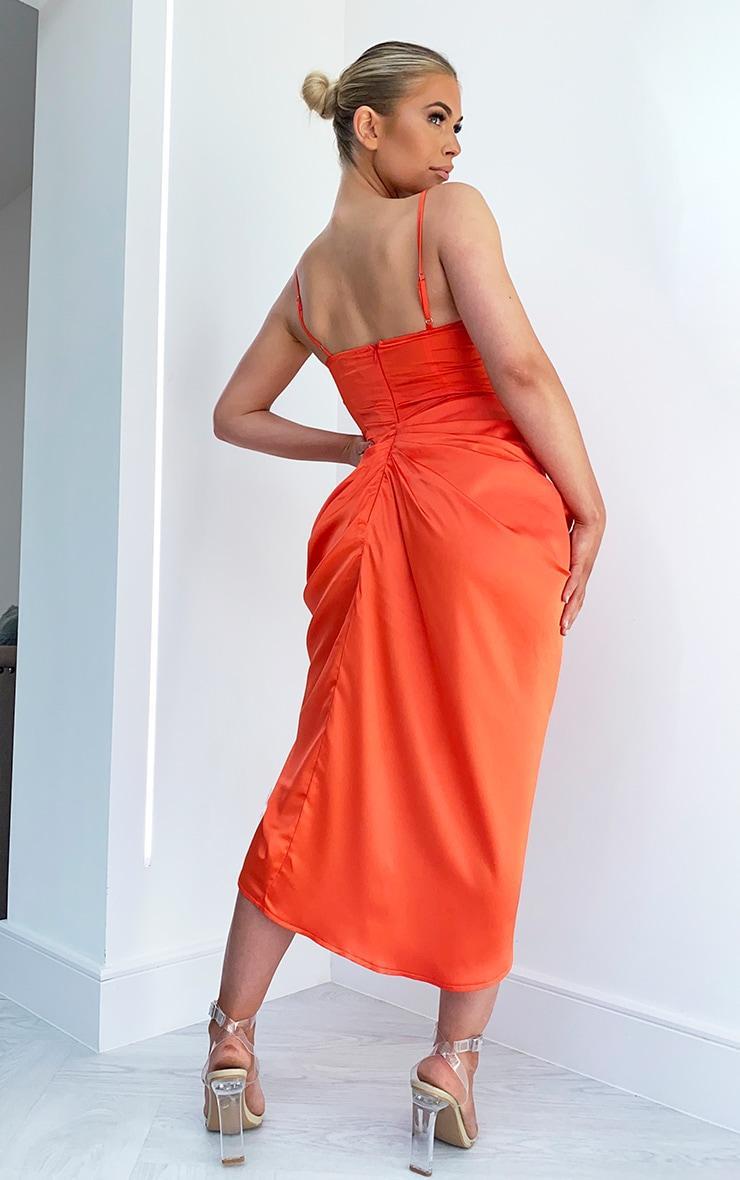 Bright Orange Satin Ruched Skirt Corset Detail Midi Dress Product Image