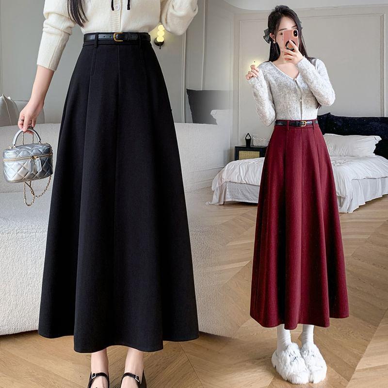 High Waist Plain Midi A-Line Skirt Product Image