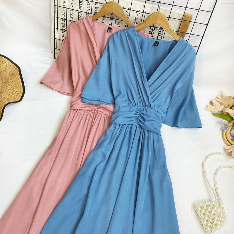 3/4-Sleeve V-Neck Plain Ruched Slit Maxi A-Line Dress Product Image