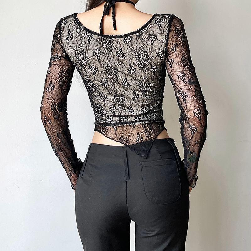 Long Sleeve Halter Neck Cross Strap Plain Lace See-Through Crop Top Product Image