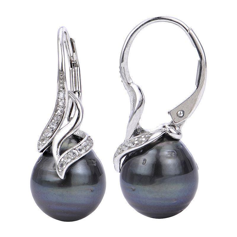 PearLustre by Imperial Sterling Silver Tahitian Cultured Pearl & White Topaz Drop Earrings, Womens Product Image