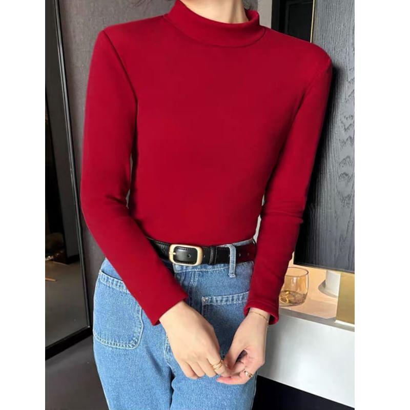 Long-Sleeve Mock Neck Plain T-Shirt Product Image