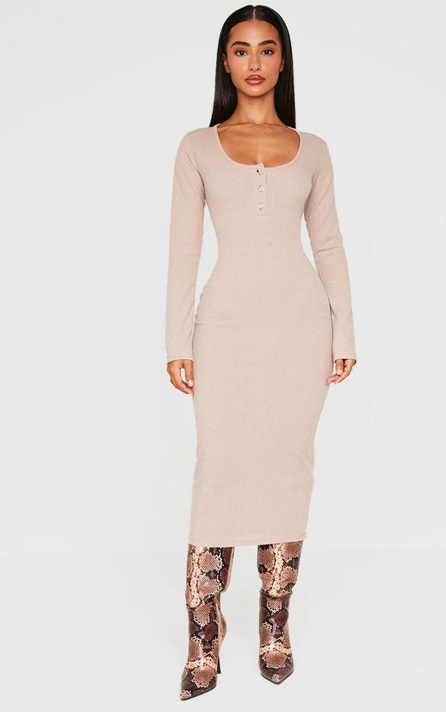 Petite Taupe Long Sleeve Brushed Rib Button Detail Midi Dress Product Image