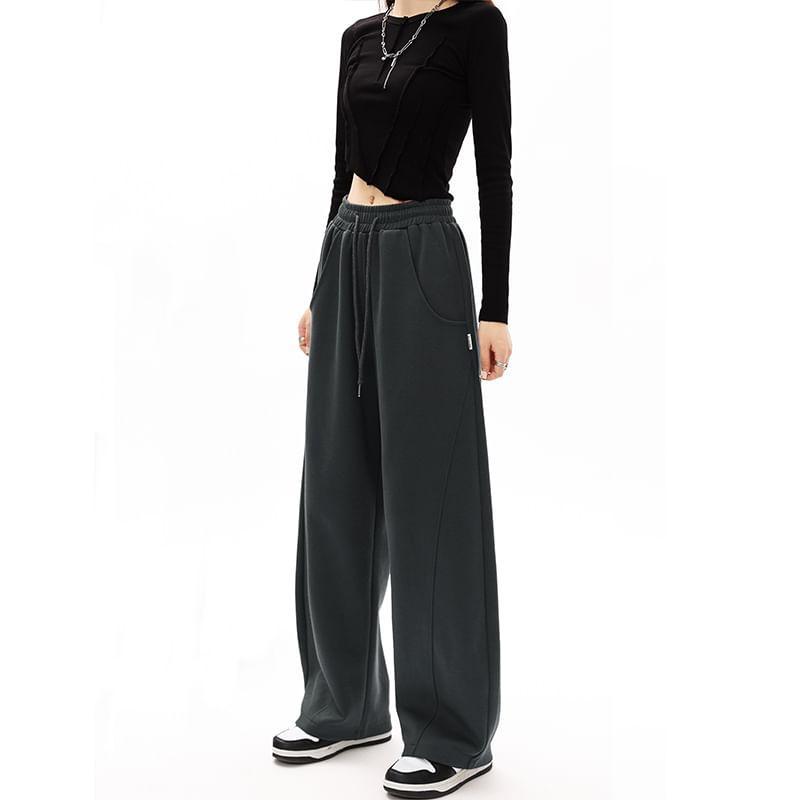 Mid-Waist Drawstring Pocketed Wide-Leg Plain Sweatpants Product Image