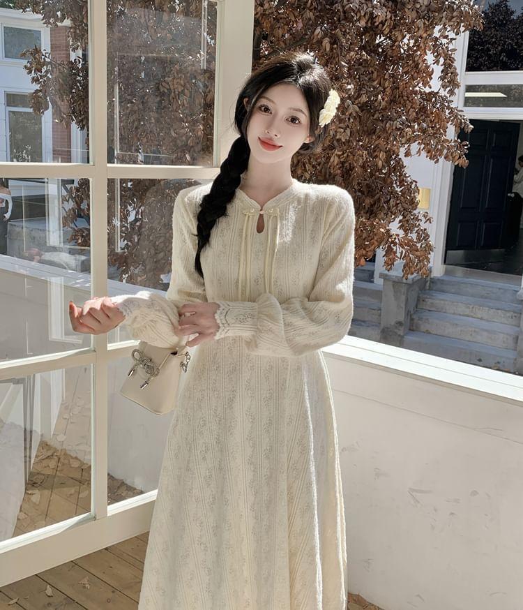 Long Sleeve V-Neck Floral Lace Trim Midi A-Line Dress Product Image