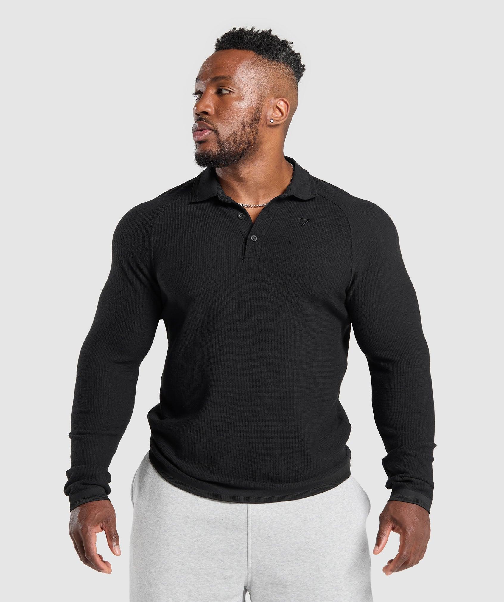 Gymshark Long Sleeve Waffle Polo Shirt - Black Male Product Image