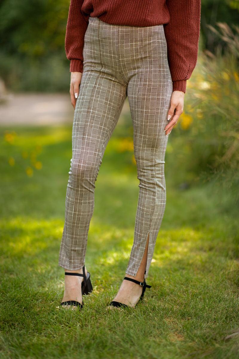 Brown and White Plaid Pull On Pants Product Image