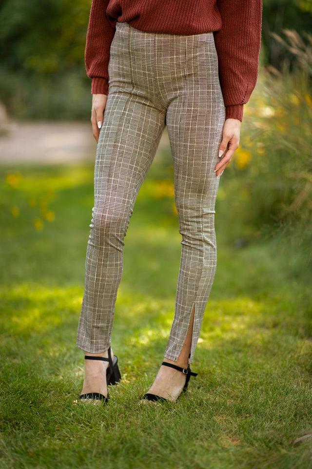 Brown and White Plaid Pull On Pants Product Image