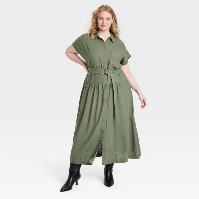 Womens Short Sleeve Belted Midi Shirtdress - Universal Thread Olive XXL Product Image